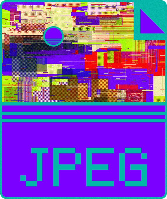 A glitchy, distorted image with vibrant purple, red, and green colors featuring the text 'JPEGs' on a large purple block at the bottom and pixelated digital artifacts throughout.