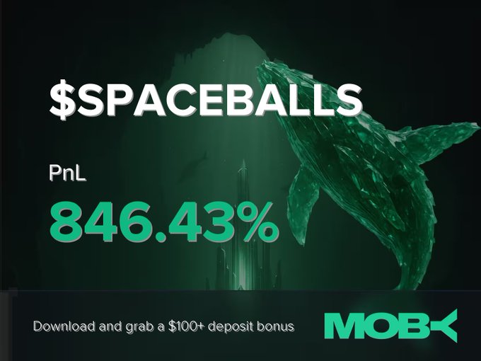 A promotional graphic from Moby Mobile features "$SPACEBALLS" alongside a profit and loss (PnL) figure of "846.43%", accompanied by a green-tinted image of a whale and the text "Download and grab a $100+ deposit bonus." The image visually celebrates the trader's win alert, highlighting the massive gains achieved on the $SPACEBALLS position.