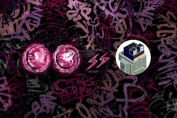 Two glowing pink gemstones and gold block characters are displayed against a graffiti-style pink and black background, with a SSR rarity tier icon overlaid to represent the completed allowlist raffle for Play Bandits ahead of their NFT mint.