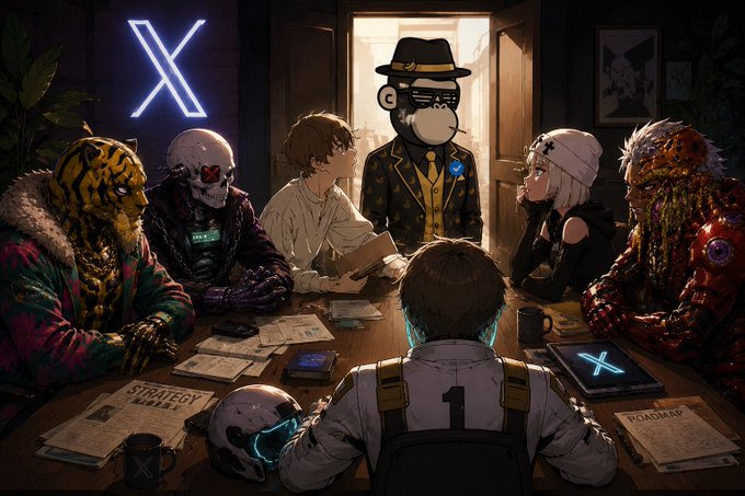 A group of diverse, stylized characters—including a tiger in a fur coat, a skull-masked figure, a child in a PFP cap, and a fish-creature—gather around a dimly lit table scattered with papers labeled "STRATEGY" and "ROADMAP," illuminated by a neon "X" logo, as a child in a "1" jersey sits at the head. The image visually mirrors the post's theme of a mysterious, "out of nowhere" builder orchestrating early-stage crypto projects and shaping narratives before the masses catch on.