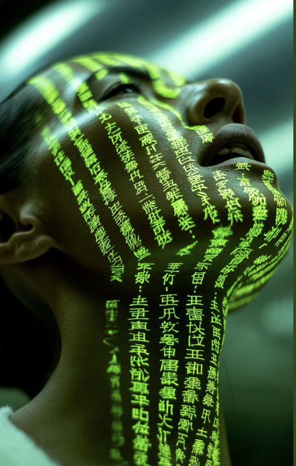 A close-up of a woman's face in profile with bright green Chinese characters projected across her skin.