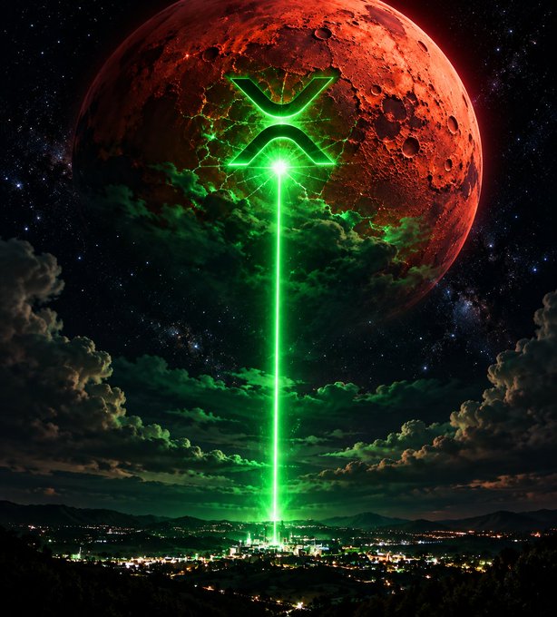 A sci-fi scene depicts a glowing green XRP logo beaming a bright light down from a cracked red planet onto a city in the distance under a starry sky.