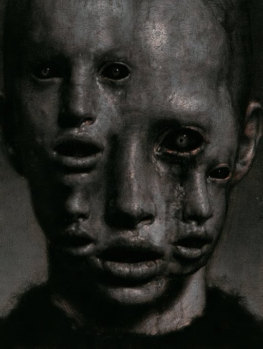 A dark, surreal digital artwork depicting a haunting figure with multiple faces and eyes merged together in shadowy tones.