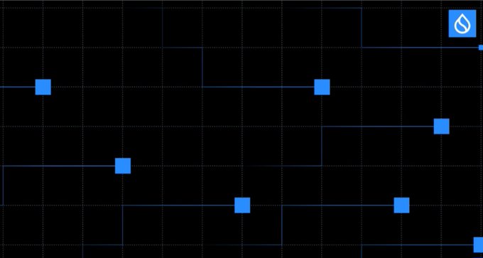 A dark digital interface displaying a grid pattern with blue square nodes connected by thin blue lines, featuring a small water drop icon in the upper right corner.