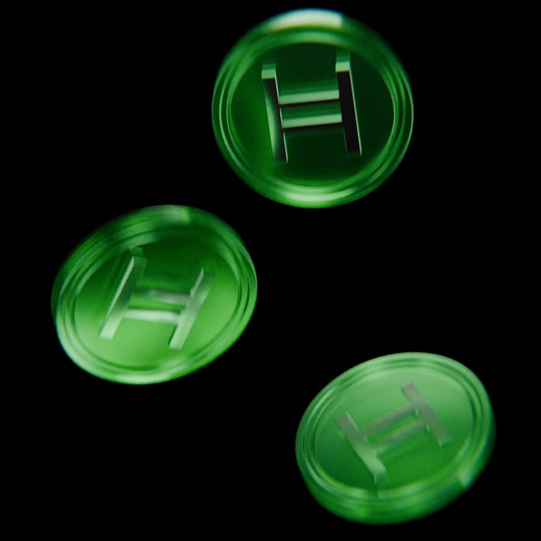 Three glowing green HBAR tokens float against a dark background, visually reinforcing the post's highlight of Hedera's bullish price action, growing open interest, and 8-year mainnet uptime milestone.