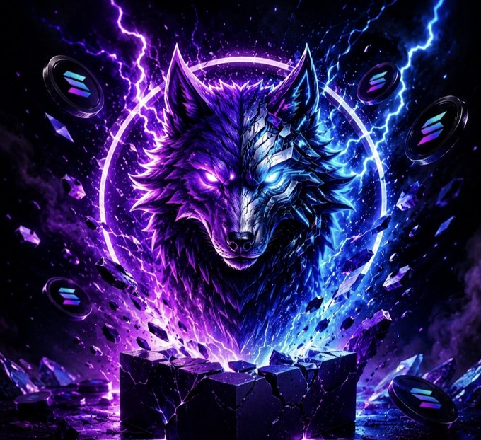 In this image, a wolf with two eyes sitting in front of a blue circle is surrounded by purple raindrops and crystal shards that are scattered around the wolf's face. The scene also includes coins placed at different locations throughout the composition. There are several other symbols like $Zynx and $SOL on the image as well. The presence of these elements may suggest an online meme contest related to the $zynx company or a similar theme, where participants are required to create their own funny and creative memes about the company's name.