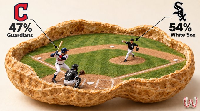 A creative baseball-themed image showing Guardians 47% and White Sox 54% with mini players on a baseball field constructed from a cereal bowl.