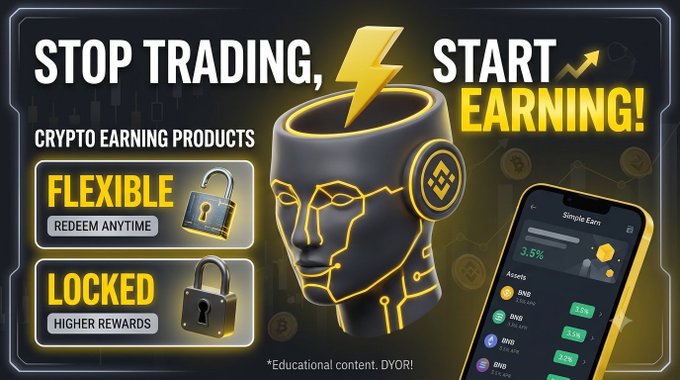 A graphic with the text "STOP TRADING, START EARNING!" promoting Binance Simple Earn, showing the two product tiers: Flexible ("Redeem Anytime") and Locked ("Higher Rewards"), with a phone displaying Simple Earn yields including BNB at 3.5% and other assets ranging from 2.3% to 3.5%. The image visually reinforces the post's message that crypto offers earning opportunities beyond active trading.