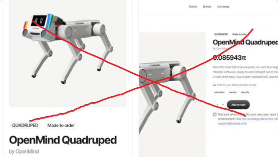 A webpage screenshot for the 'OpenMind Quadruped' robot by OpenMind, showing the quadruped product page with a large red X drawn across the 'Add to cart' section, indicating cancellation.