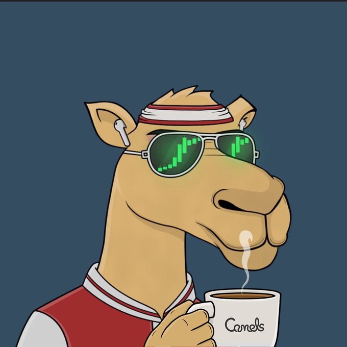 A stylish cartoon camel with pixel-sunglasses, earbuds, and a sweatband sips coffee from a mug labeled "Camels," fitting the "GM" (Good Morning) and "HumpDay" theme of the post with its playful nod to Wednesday's midweek "hump."
