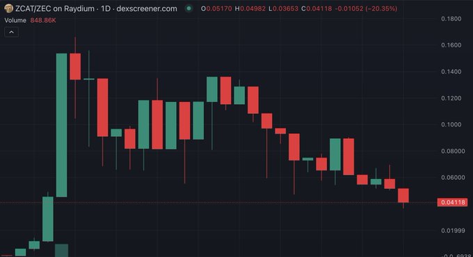 A daily candlestick chart of ZCAT/ZEC on Raydium shows the token plummeting from a high near 0.1800 to 0.04118, with the header noting a 20.35% drop and an extreme downtrend pattern of lower highs and lows—visually illustrating the poster's painful loss.