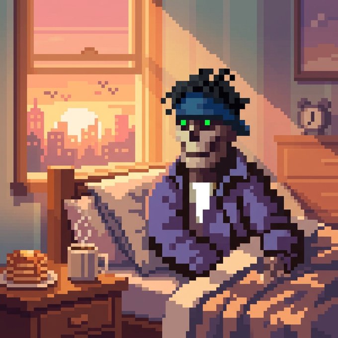 A pixel art illustration depicts a figure wearing a blue cap and purple jacket with glowing green eyes, sitting at a table with pancakes and a mug in a room with a sunset view through a window.