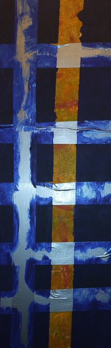 A striking abstract painting featuring a bold grid pattern with deep blues, blacks, and golden-orange tones, showcasing visible brushstrokes and textured layers. This artistic piece beautifully exemplifies the creative spirit behind sharing art, inviting viewers to appreciate its geometric composition and rich color interplay.