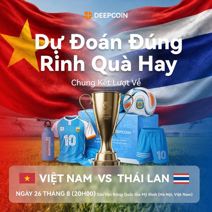 DeepCoin promotional poster for the ASEAN Cup Final second leg between Vietnam and Thailand on August 26, 8:00 PM at My Dinh National Stadium, featuring a golden trophy, football kit, and flags.