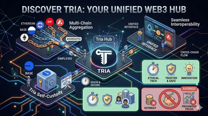 The image features a detailed diagram that illustrates the process behind Tria's Web3 hub. The diagram shows various elements such as a cube representing the hub, chains symbolizing the interconnectedness of different components within the hub, and people interacting with the hub in different ways. The text on the image explains how the hub works to abstract the complexity of gas tokens and bridges, making it easier for users to navigate and interact with the Web3 ecosystem.