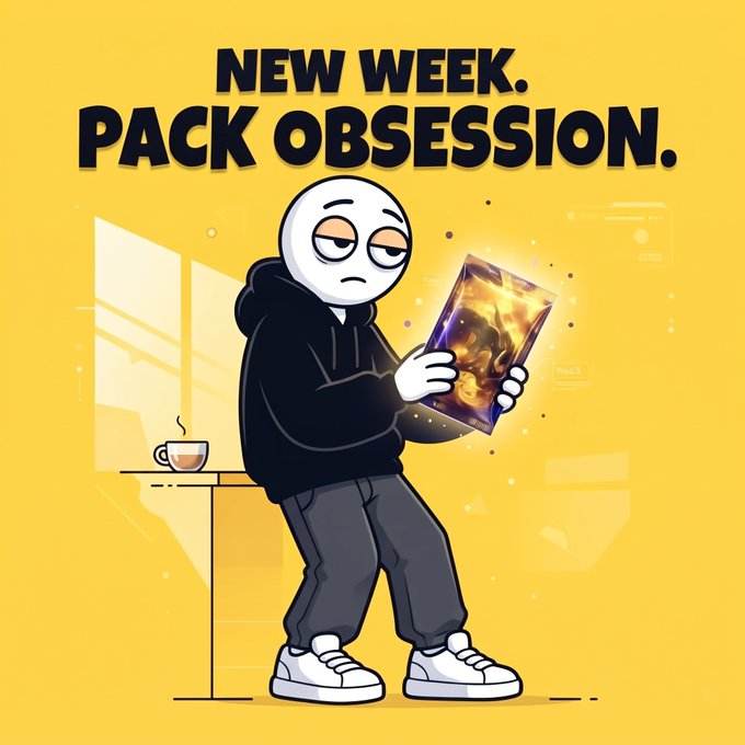 A cartoon character in a black hoodie and white sneakers holds a glowing card against a yellow background, with the text 'NEW WEEK. PACK OBSESSION.' displayed at the top.