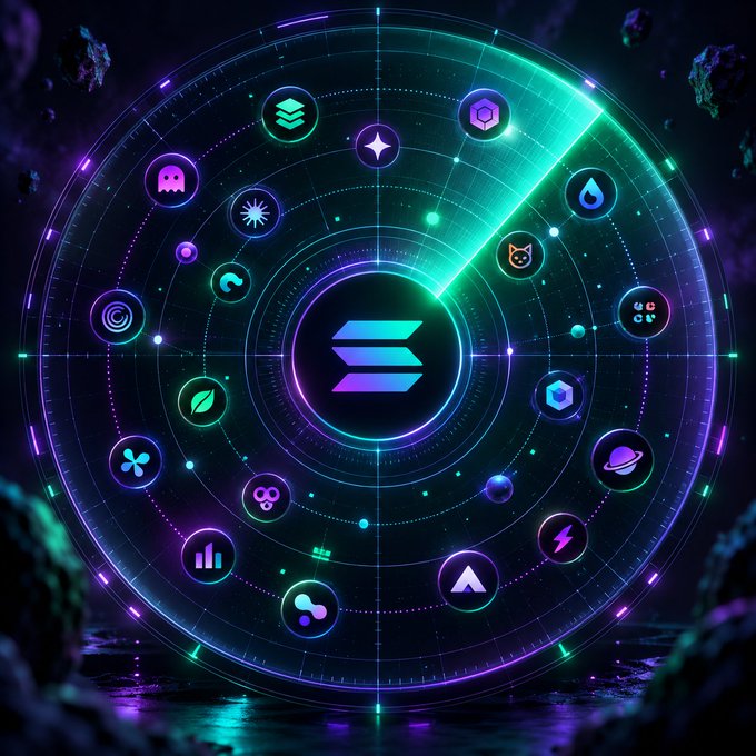 A futuristic digital illustration with a Solana logo at the center of a glowing radar-like interface, surrounded by various crypto and tech icons floating in a neon space environment.