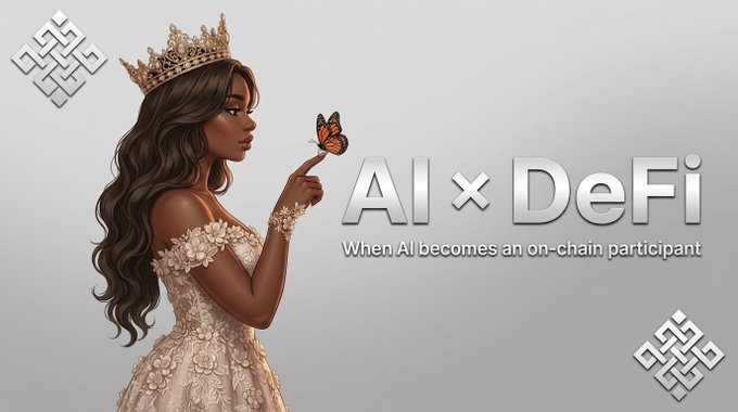 A stylized digital illustration features a dark-skinned woman wearing a crown and an ornate white dress, holding a butterfly, alongside the text 'AI x DeFi — When AI becomes an on-chain participant.'