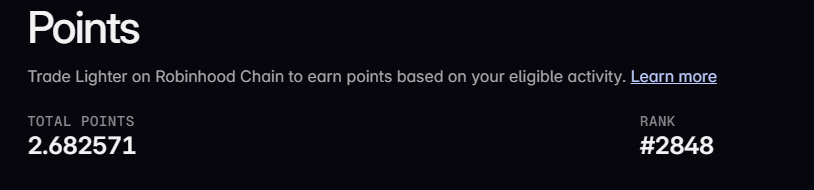 The image shows a Robinhood Chain points dashboard displaying a total of 2.682571 points with a rank of #2848, which aligns with the post's mention of accumulating 2.68 points across Robinhood and Variational platforms as part of their $100 trading challenge.