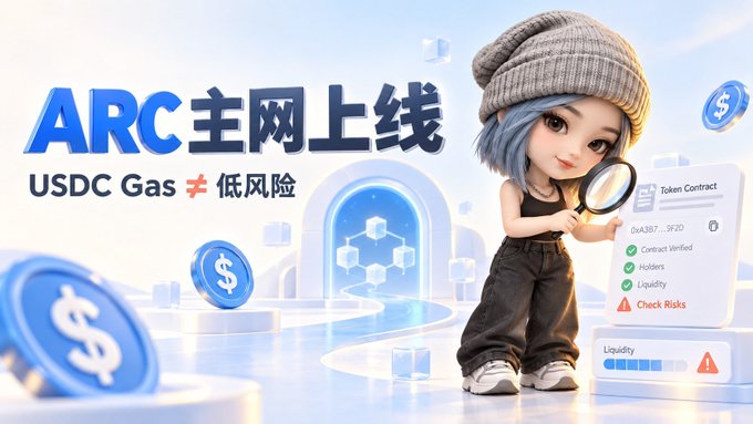 The image is a promotional graphic for "ARC 主网上线" (Arc Mainnet Launch) featuring a 3D cartoon character in a beanie holding a magnifying glass, alongside floating USDC coin icons and a "Token Contract" check panel highlighting features like "Contract Verified," "Holders," "Liquidity," and a warning to "Check Risks." 

The post critiques the marketing message in the image—which equates "USDC Gas" with "低风险" (low risk)—arging that using USDC for gas fees only simplifies cost calculation but doesn't make the permissionless EVM chain inherently safer from scams or risky contracts.