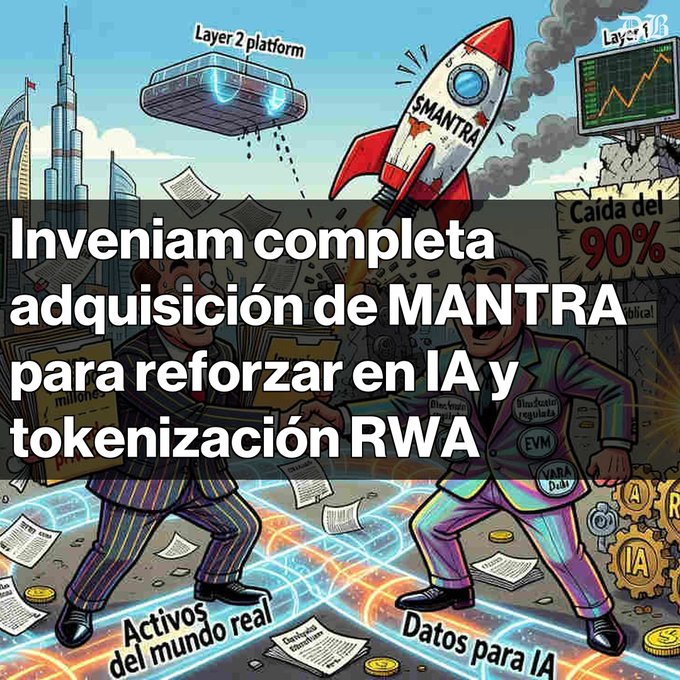 The image shows a cartoon depiction of two men, one wearing a suit and the other in a suit with a tie, shaking hands over a map that has a red rocket on it. The caption reads "Inveniam adquiere MANTRA para potenciar IA y tokenización de activos del mundo real," which translates to "Inventorially complete MANTRA for IAA and tokenization of activities."