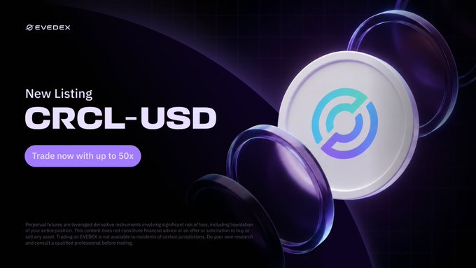 The image presents an advertisement for a new listing of a cryptocurrency called "circle" or "stablecoins". The ad features multiple circles with different designs and sizes, surrounded by purple light that enhances their visual appeal. Below these visuals, there is text explaining what the cryptocurrency is and how it can be listed on marketplaces like EVEDEX.