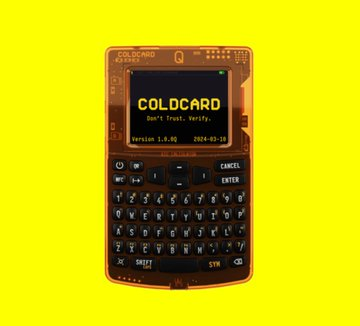 A handheld Coldcard hardware wallet displays "Don't Trust. Verify." on its screen, with "Version 1.5.0" and the date "2024-03-31" visible, set against a bright yellow background. The image accompanies news about Coldcard suspending its automatic customer data deletion policy following a July 30 security incident, due to legal obligations requiring record preservation amid ongoing legal proceedings.