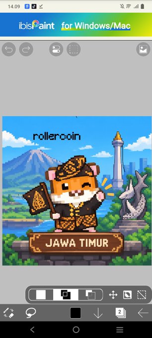 A screenshot of the ibisPaint for Windows/Mac app showing a pixel art illustration of a character in traditional Indonesian attire holding a flag, with "rollercoin" text at the top and "JAWA TIMUR" on a wooden sign at the bottom, set against a backdrop featuring a mountain, Monas-like tower, and city skyline.