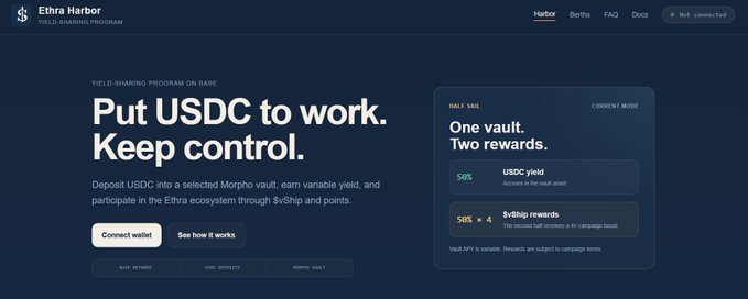 A dark-themed landing page for 'Ethra Harbor' describes a 'YIELD-SHARING PROGRAM' with the headline 'Put USDC to work. Keep control.' and details a 'HALF VAULT' offering '50% USDC yield' and '50% ×4 $vShip rewards.'