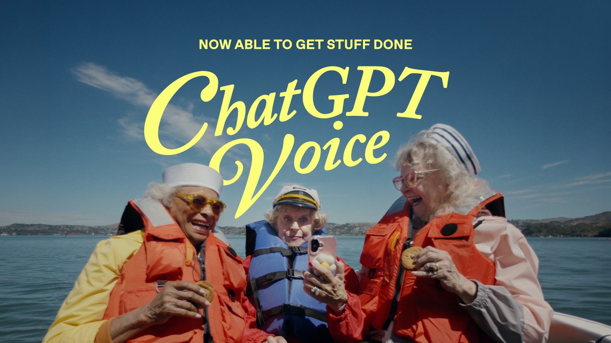 An advertisement shows three elderly women in orange life jackets laughing on a boat, with the yellow text 'NOW ABLE TO GET STUFF DONE' above the stylized 'ChatGPT Voice' logo.