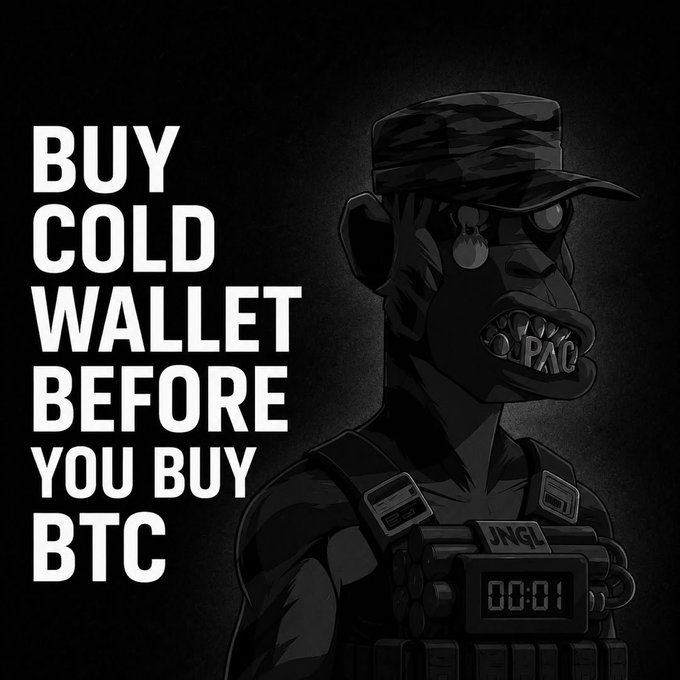 A dark, stylized illustration of an ape wearing a cap, sunglasses, and a tactical vest labeled "JNGL" with "00:01" on the timer, accompanied by the text "BUY COLD WALLET BEFORE YOU BUY BTC." The image pairs with the "gm thank god it's friday" post as a reminder that, before celebrating the weekend with any Bitcoin purchases, securing a cold wallet should be the first priority.