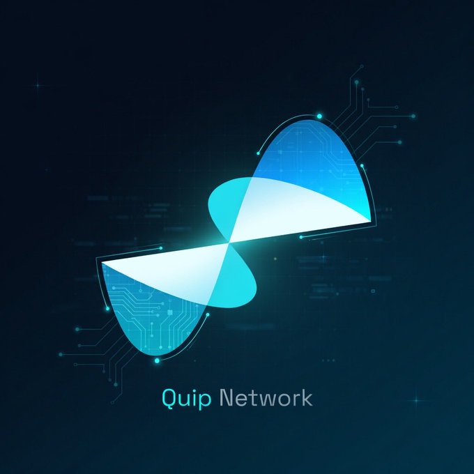 A digital graphic features a stylized butterfly-like logo with circuit board patterns in blue tones against a dark background, with the text 'Quip Network' displayed below.