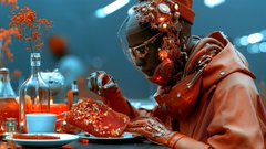 A digitally-rendered figure in an orange hazmat suit and gas mask, wearing transparent gloves, manipulating a glowing red substance in a laboratory setting.