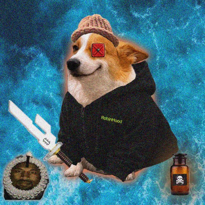 A digital artwork featuring a dog wearing a knit beanie and a black hoodie with 'RobinHood' written in green, holding a sword, surrounded by a skull medallion and a poison bottle against a blue background.