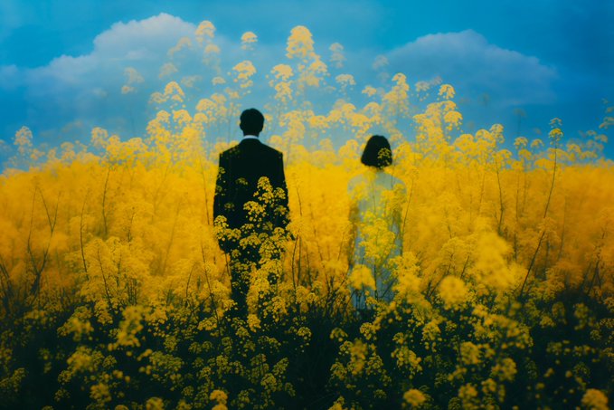 A man in a suit and a woman in a white dress stand with their backs turned, surrounded by a vibrant field of yellow flowers under a partly cloudy blue sky.
