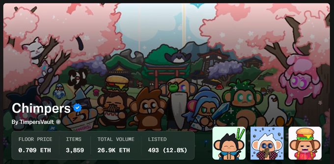 An NFT collection listing for 'Chimpers' by TimpersVault showing floor price 0.709 ETH, 3,859 items, 26.9K ETH total volume, and 493 listed (12.8%), featuring chimp characters in a cherry blossom scene.