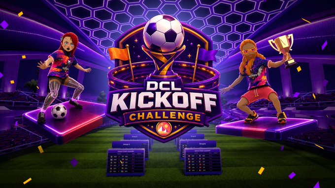 The image features a poster advertising a soccer game called "DCL Kickoff Challenge" that takes place in Decentraland, an imaginary world. The poster showcases two girls playing soccer with a trophy in front of them, indicating their participation in the challenge. The text on the poster announces the start of the DCL Kickoff Challenge and invites players to join by predicting the names of three DCL Names + 10 LAND Parcels.