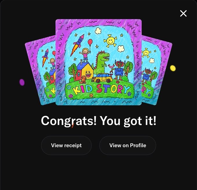 A screenshot of a digital receipt or confirmation screen displaying three colorful children's book covers labeled 'KID STORY' with the text 'Congrats! You got it!' and buttons to 'View receipt' and 'View on Profile.'