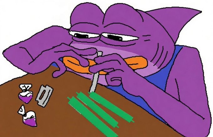 A purple cartoon shark focuses intently while rolling a cannabis joint with green rolling papers on a table that has some papers and what appears to be a card on it. The image humorously illustrates the post's theme, with the "green candles" referenced as both the literal green rolling papers and a metaphorical nod to rising cryptocurrency prices on the Monad blockchain.