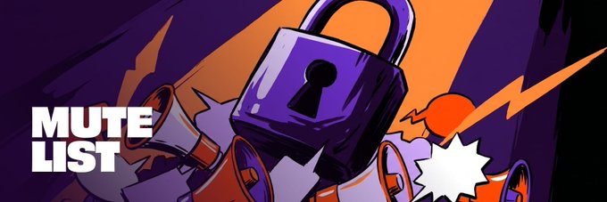 Cartoon-style graphic featuring a purple padlock and megaphone with the text 'MUTE LIST' in bold white letters on a dark background.