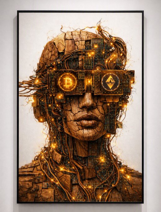 A framed digital artwork of a human figure constructed from wood and circuitry, wearing goggles with Bitcoin and Ethereum logos, glowing with golden light.