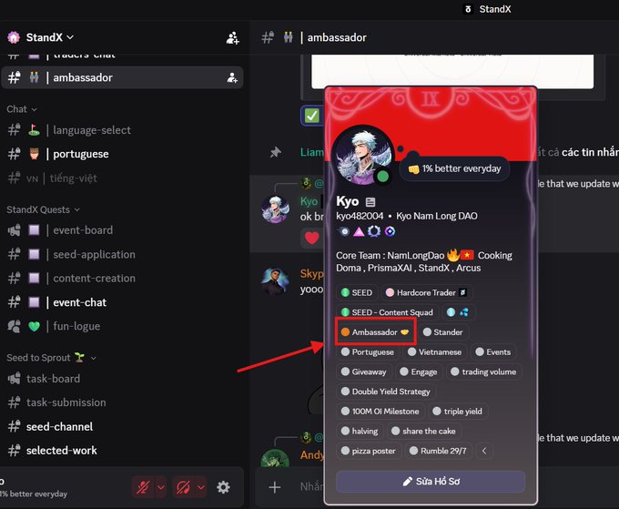 A Discord screenshot shows the 'ambassador' channel in the 'StandX' server, highlighting a user profile for 'Kyo' (kyo482004) with the 'Ambassador' role selected in the #ambassador channel.