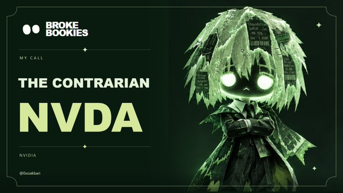 A digital graphic titled 'BROKE BOOKIES - THE CONTRARIAN' featuring 'NVDA' (NVIDIA) ticker alongside an anime-style character with glowing green eyes.