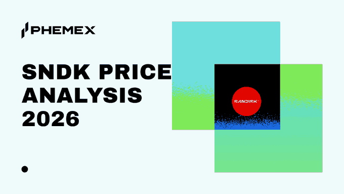 The image is a Phemex promotional graphic featuring the text "SNDK PRICE ANALYSIS 2026" alongside the Sandisk (SNDK) logo, designed to introduce a post discussing SNDK's consolidation zone and trading strategy on the Phemex platform.