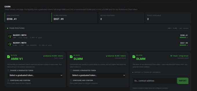 A screenshot of an 'EARN' dashboard displaying BLOCK/WETH liquidity positions with total deposits and earnings.