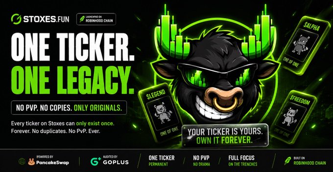 A bold black and neon green promotional graphic for Stoxes.fun featuring a grinning bull mascot wearing sunglasses with candlestick charts forming its horns, alongside the headline "ONE TICKER. ONE LEGACY." and tags emphasizing "NO PVP. NO COPIES. ONLY ORIGINALS," visually reinforcing the post's message about unique, permanently claimed tickers.