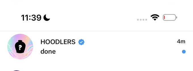 A phone screenshot shows a notification from the verified account 'HOODLERS' with the message 'done' sent 4 minutes ago.