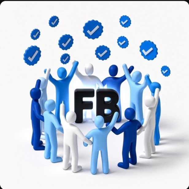 A 3D illustration showing a crowd of blue and white figures celebrating around the letters 'FB', surrounded by floating blue checkmark icons.