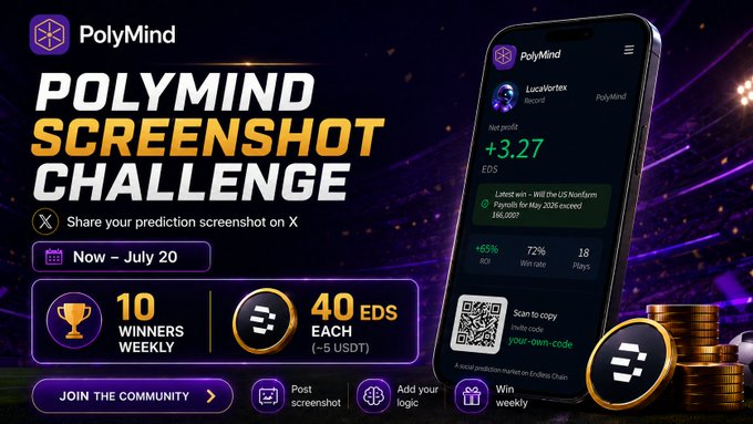 The image features a smartphone displaying a screen shot of an advertisement related to the PolyMind screenshot challenge hosted by cryptocurrency. It showcases various elements, including text, images, icons, and coins scattered across the phone's display. The primary focus of the scene is on the text that reads "PolyMind Screenshot Challenge" with the details for joining, such as a "win" for 100 followers and 50 ethers per month.

The advertisement also provides information about how to join the challenge, suggesting users should share their screenshot with X (Twitter) to enter the competition and be notified of the winners. The main visual element in this case is the smartphone screen displaying the text, images, and other elements that contribute to the advertisement's content.
