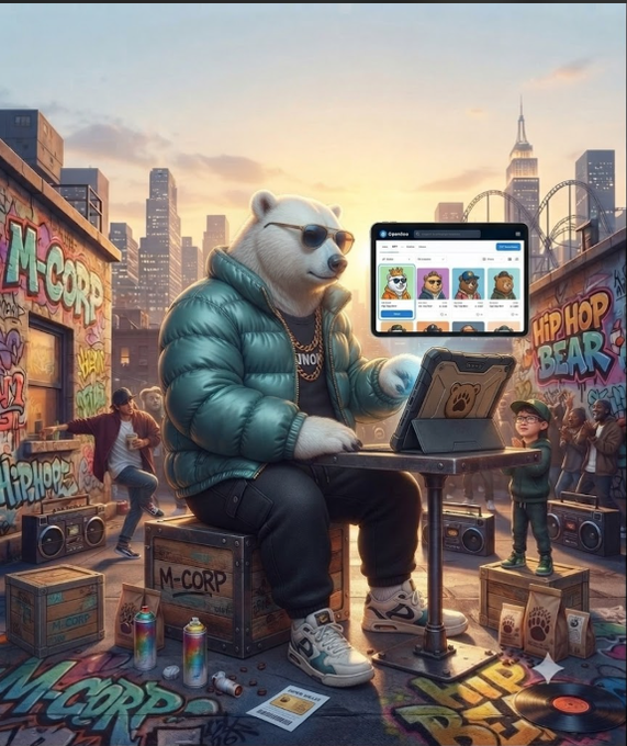 An illustration depicts an anthropomorphic white bear wearing sunglasses, a teal puffer jacket, and sneakers while using a tablet, set in a graffiti-covered urban scene with 'M-CORP' and 'HIP HOP BEAR' visible on the walls.